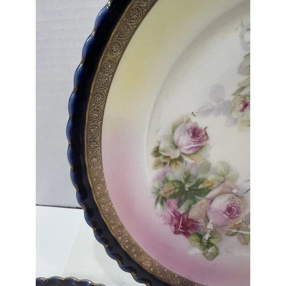 Vintage Hand Painted Porcelain Blue Bright Plate Roses Gold Gilt Scalloped Edge